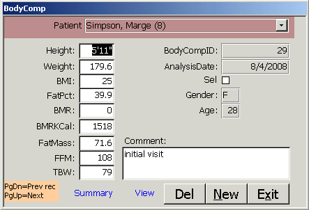 Body Composition Form for Weight Loss Database