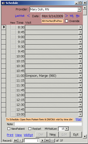 Medical Office database Schedule form